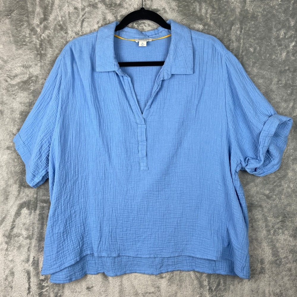 Sundance‎ Top Womens XL Blue V Neck Popover Short Sleeve Bohemian Beachy Shirt
